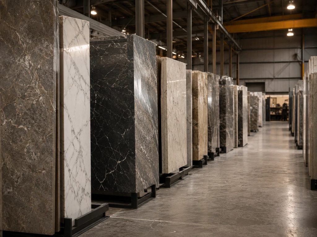 Premium natural granite and marble vertical slab selection at SSG Granites facility